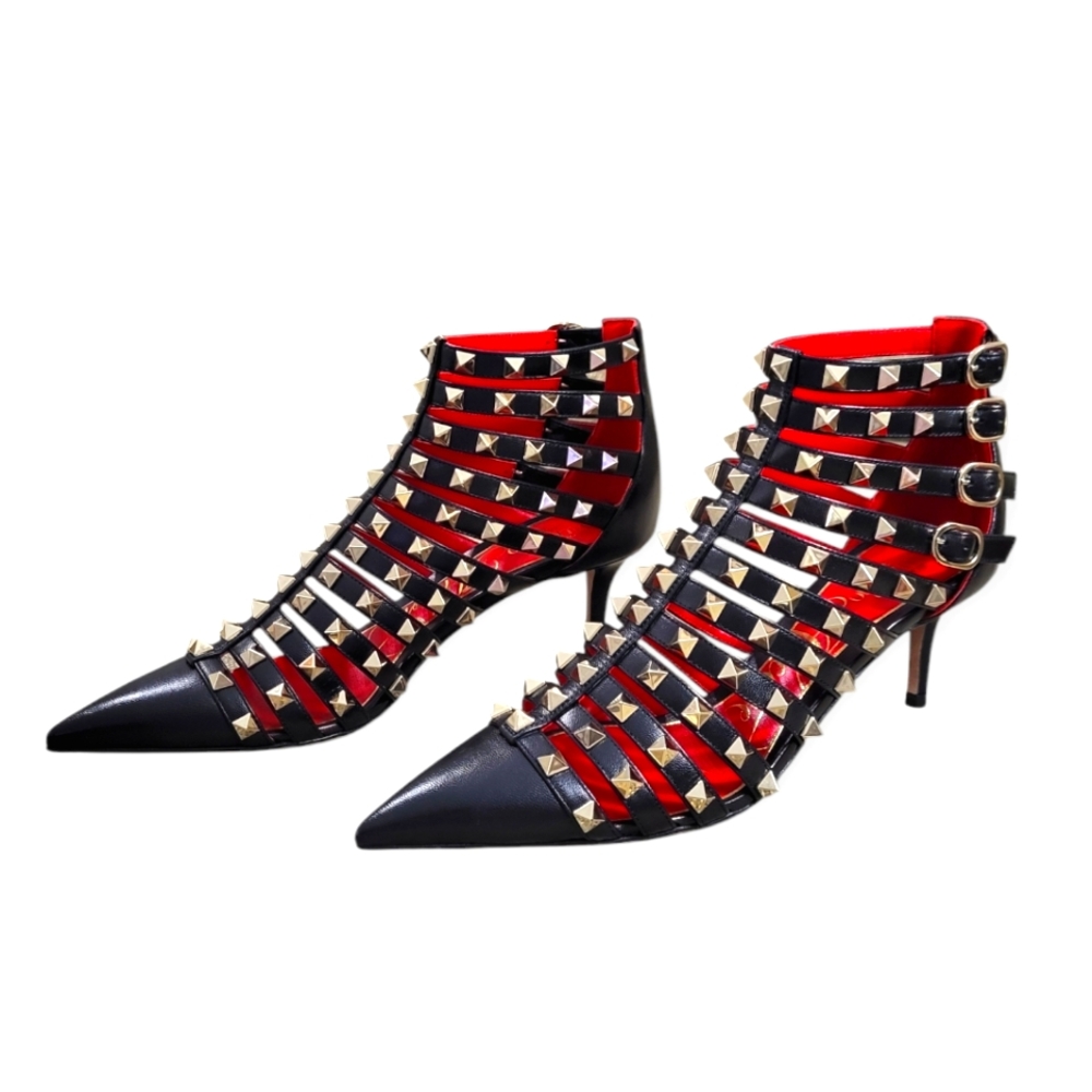 VALENTINO GARAVANI Alcove Rockstud Strappy Gladiator Ankle Bootie Black Gold 5.5